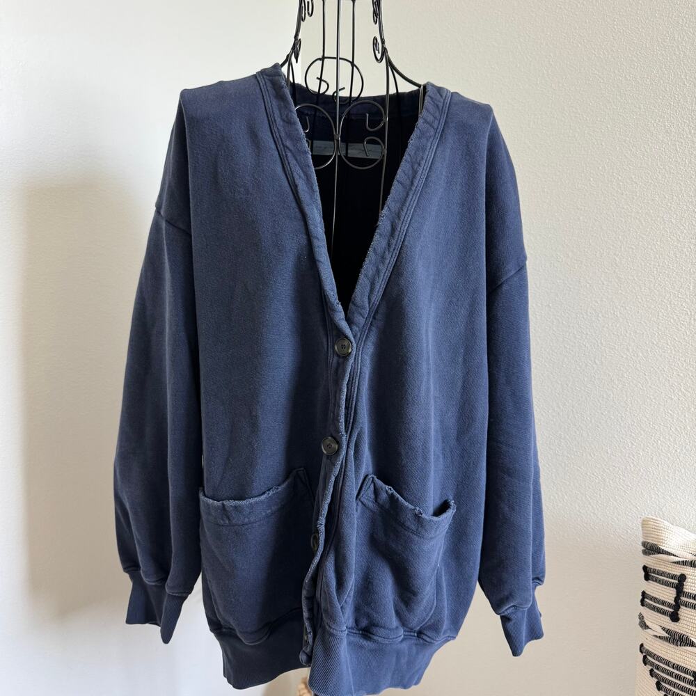 Raquel Allegra Distressed Evil Eye Boyfriend Cardigan Navy Blue Oversized Size 2